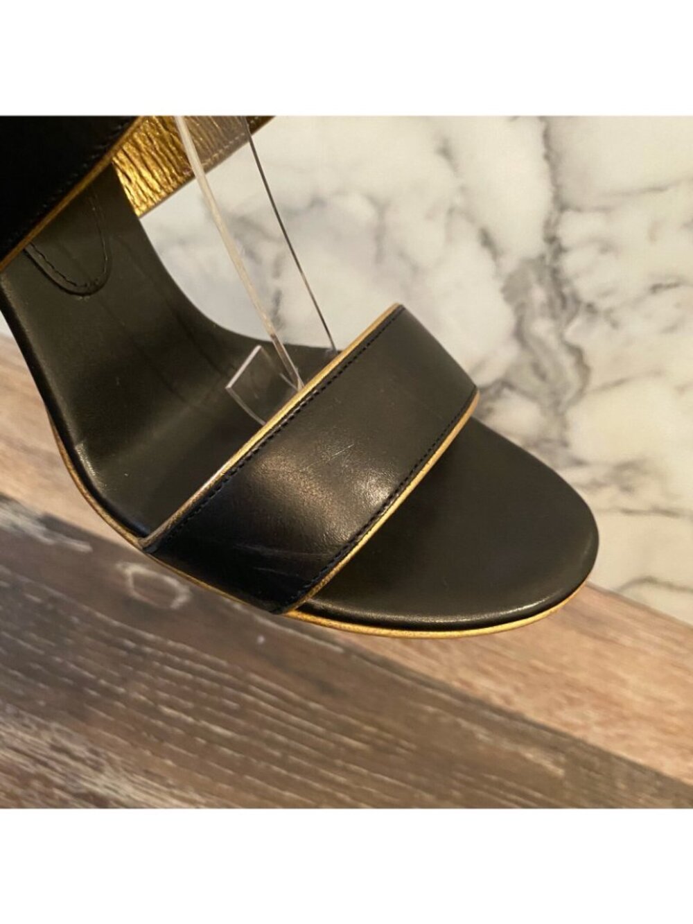 CELINE Black Calfskin Leather & Gold Trim Criss-Cross Open Toe Sandals - US 5 - Picture 10 of 12